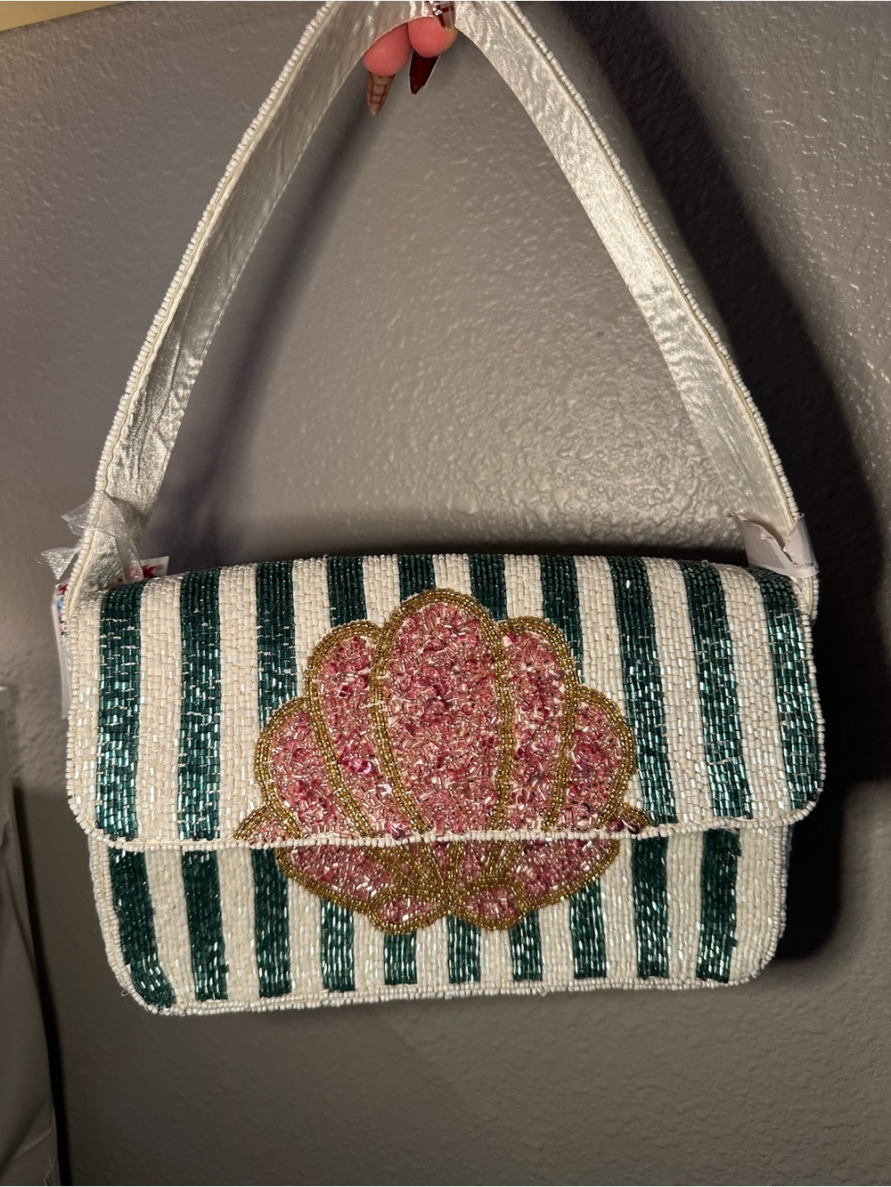 Beaded Pink Shell Accent Stripe Shoulder Bag